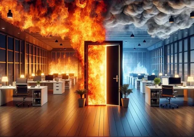 Fire door protecting an office from flames